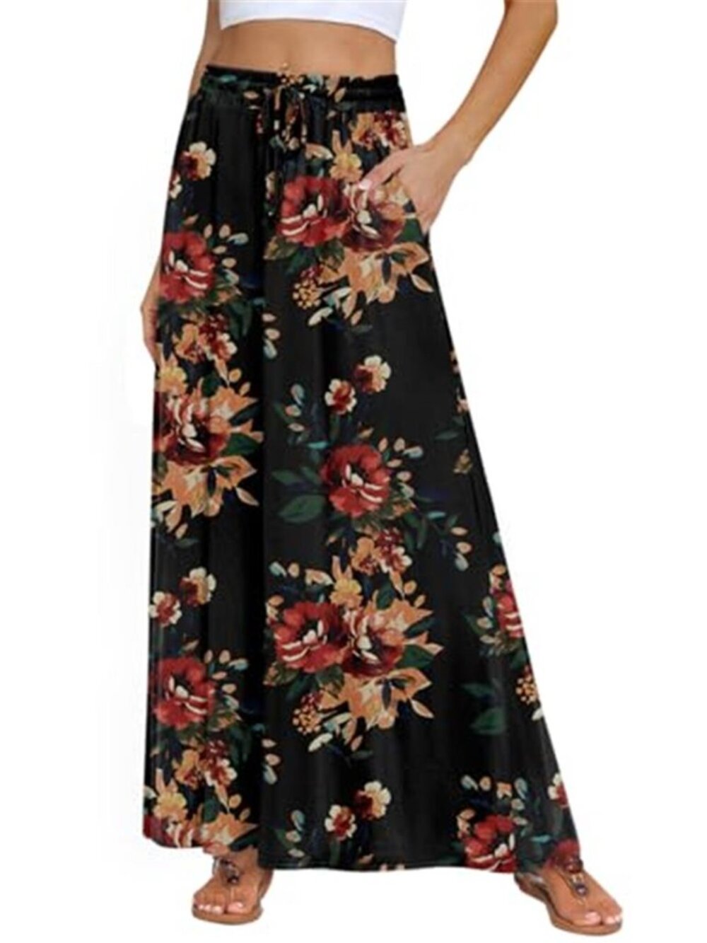 Womens Maxi Skirt High Rise Elastic Waist Pleated Long Casual Skirt Pocket Flowy